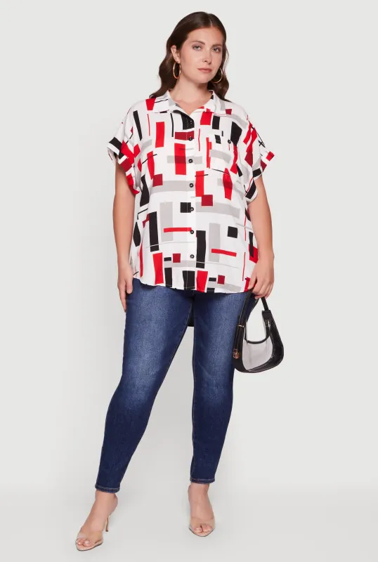 Plus Size Geometric Patterned Button Front Shirt made by Rainbow