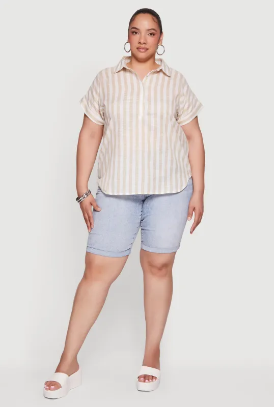 Plus Size Striped Gauze Knit Blouse made by Rainbow