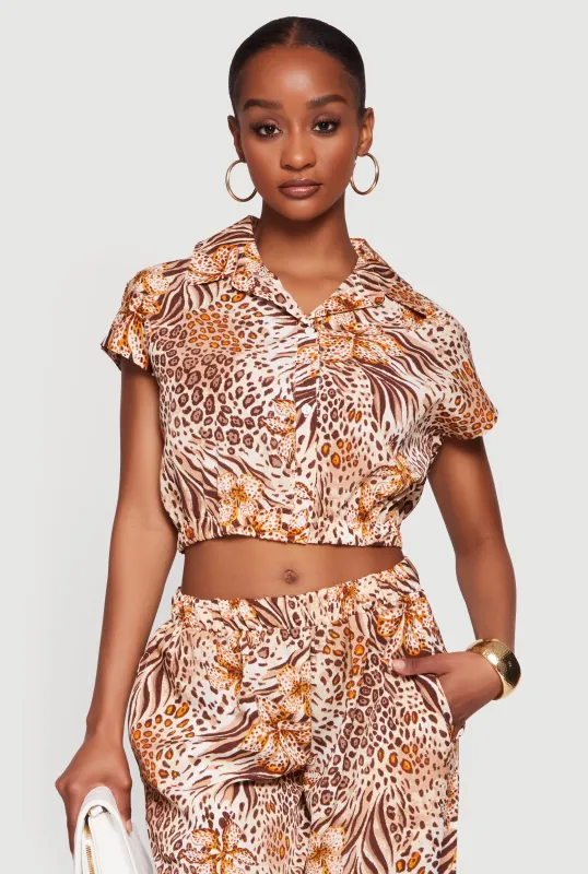 Floral Zebra Leopard Print Button Front Crop Top made by Rainbow