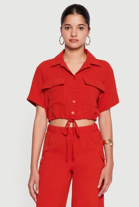 Crepe Knit Drawstring Hem Button Front Shirt made by Rainbow