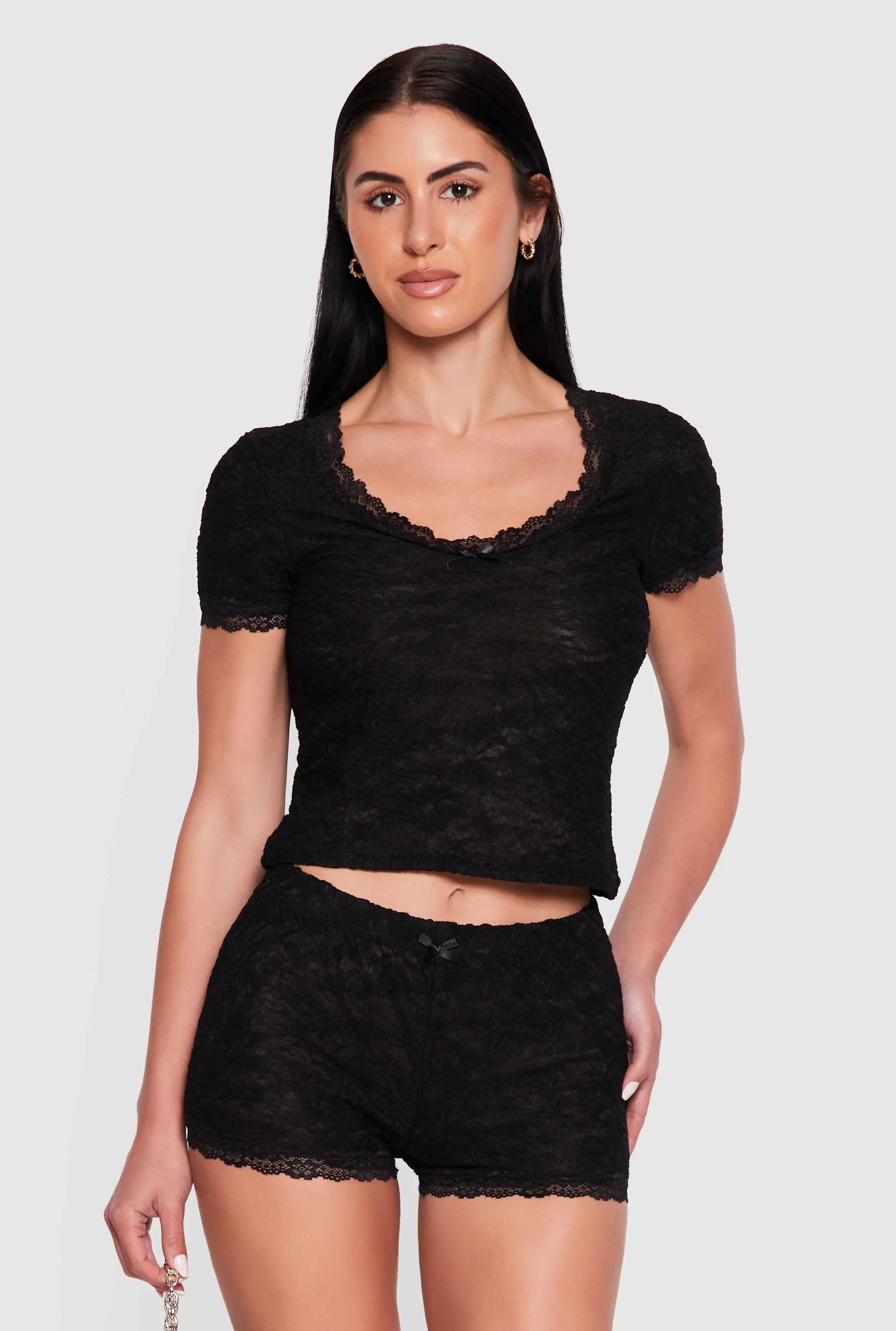 Scalloped Lace Trim Short Sleeve Crop Top sold by Rainbow product image thumbnail 2