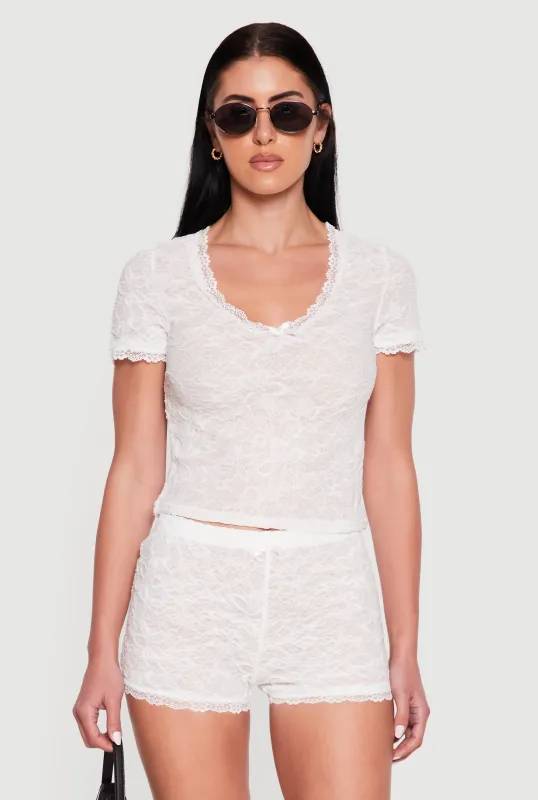 Scalloped Lace Trim Short Sleeve Crop Top made by Rainbow