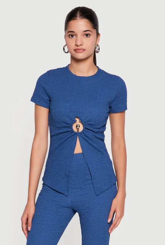 Textured Knit Metallic O Ring Keyhole Slit Front Blouse made by Rainbow