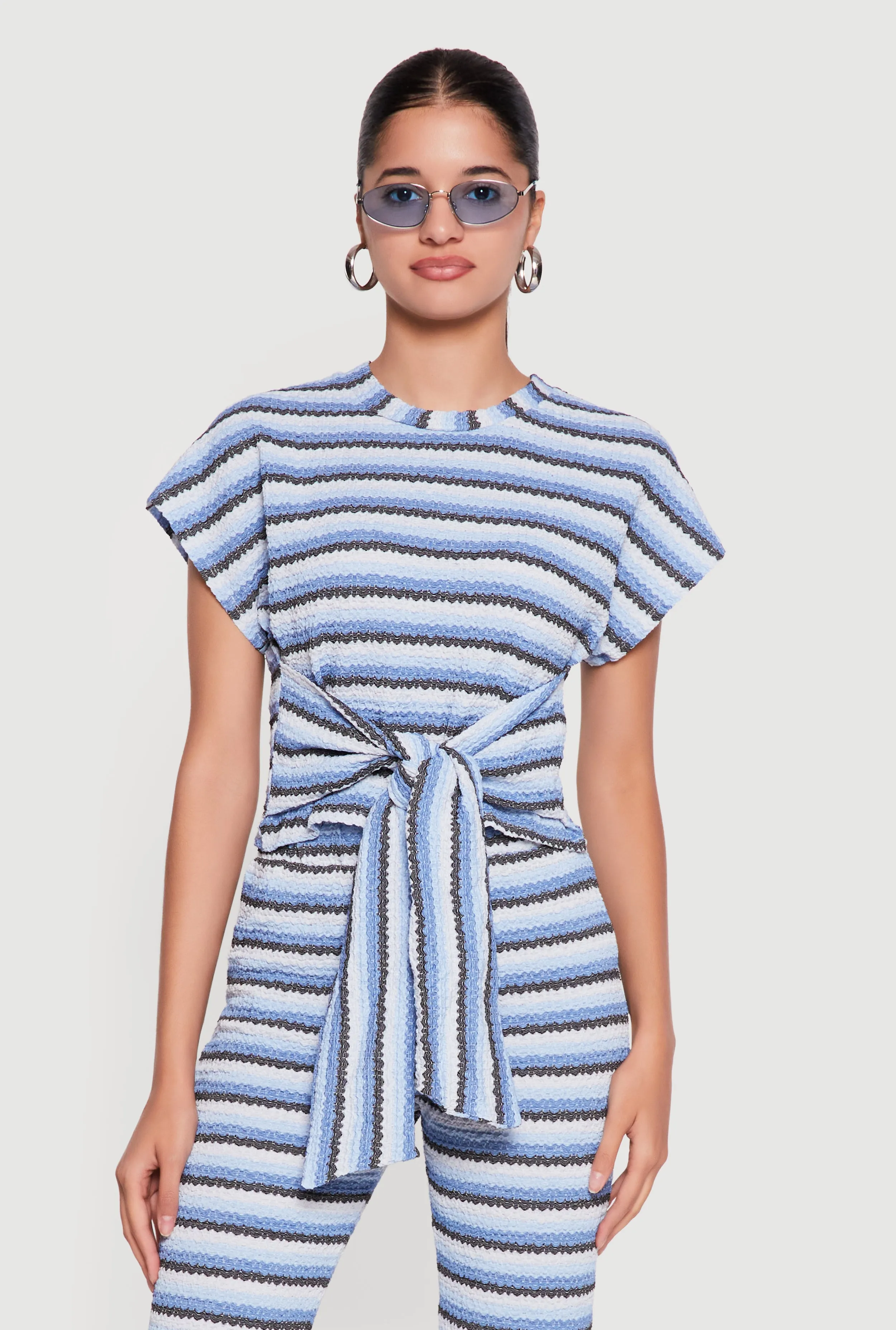 Striped Textured Knit Knot Front Blouse sold by Rainbow