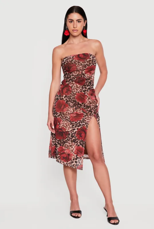 Floral Animal Print Side Slit Tube Midi Dress made by iris