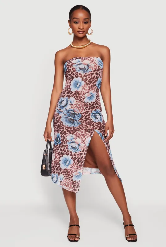 Floral Animal Print Side Slit Tube Midi Dress made by iris