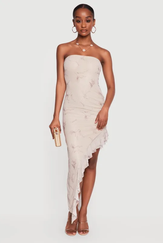 Rhinestone Floral Mesh Ruffle Trim Asymmetrical Dress made by Rainbow