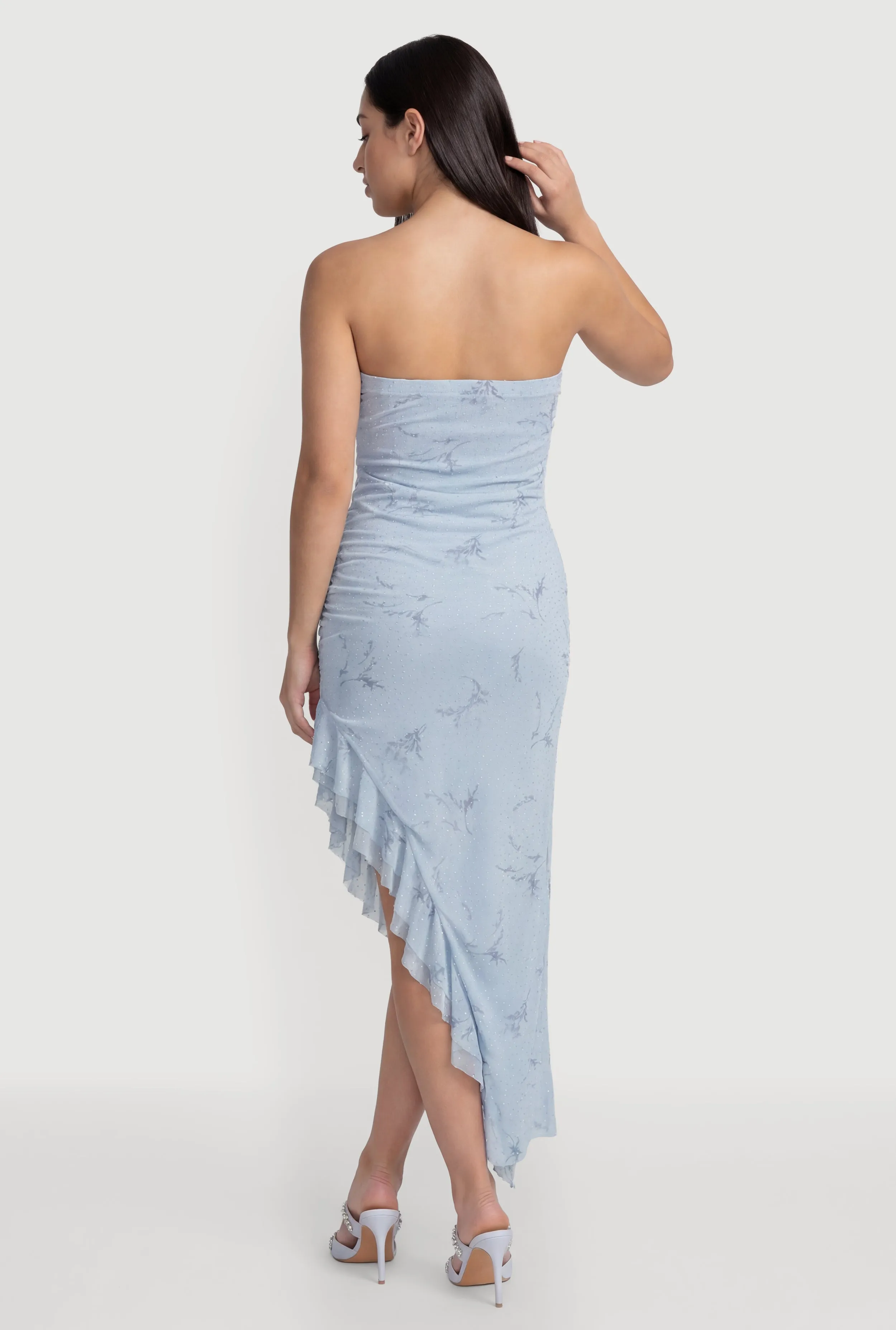 Rhinestone Floral Mesh Ruffle Trim Asymmetrical Dress sold by Rainbow product image thumbnail 3