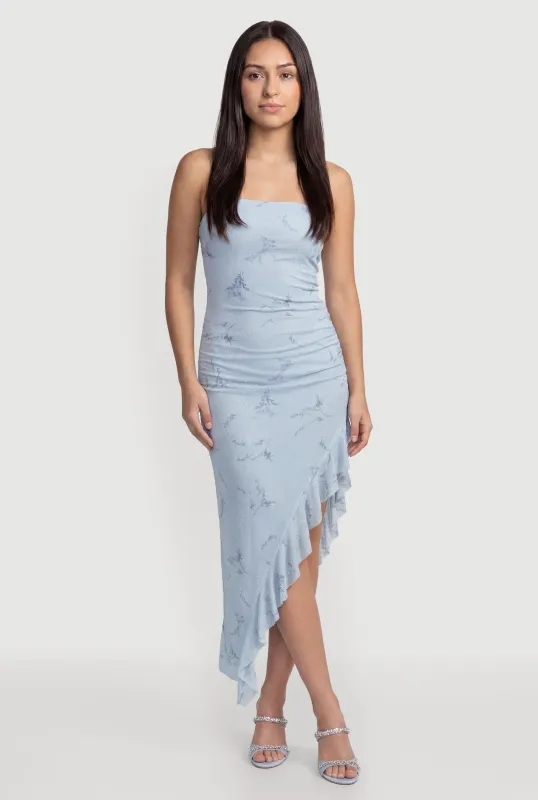 Rhinestone Floral Mesh Ruffle Trim Asymmetrical Dress made by Rainbow