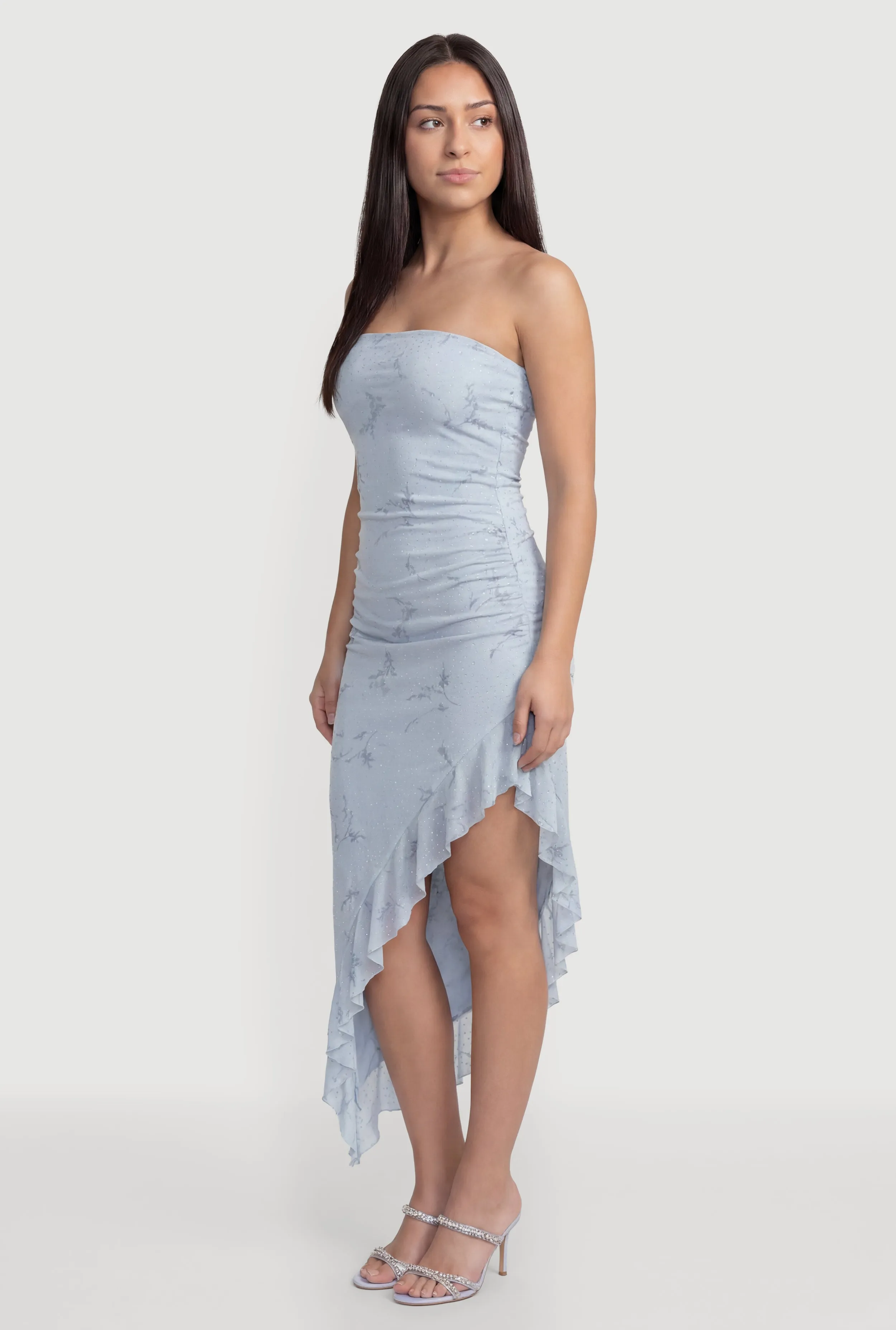 Rhinestone Floral Mesh Ruffle Trim Asymmetrical Dress sold by Rainbow product image thumbnail 2