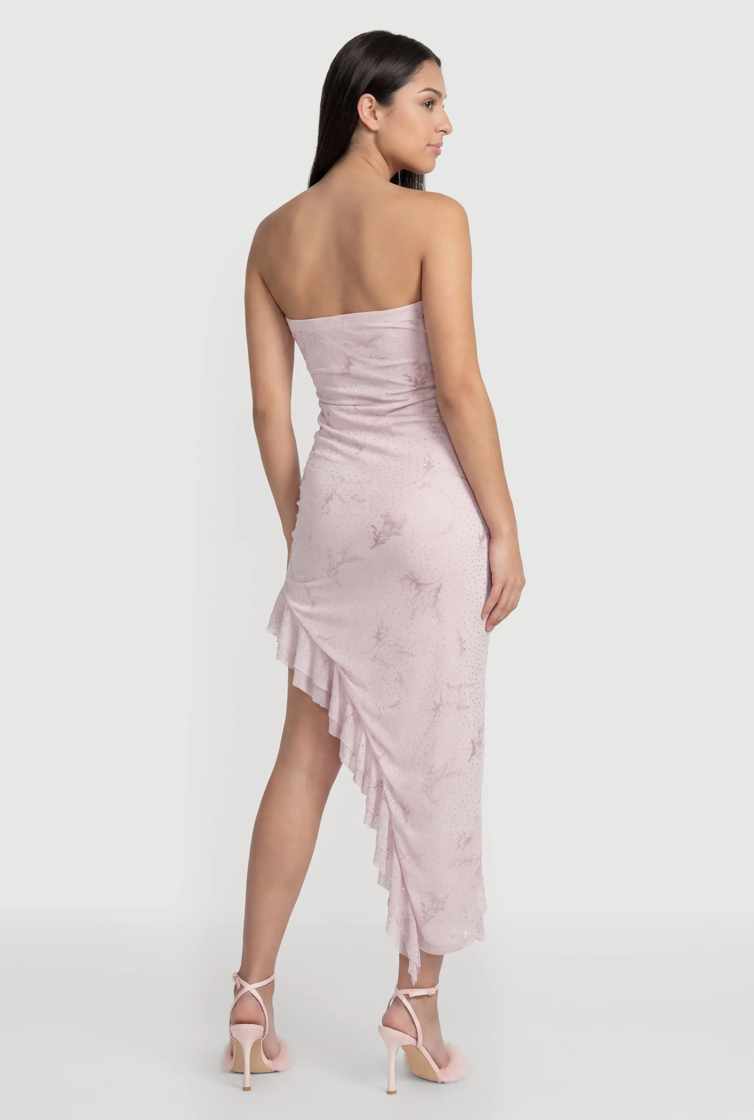 Rhinestone Floral Mesh Ruffle Trim Asymmetrical Dress sold by Rainbow product image thumbnail 3