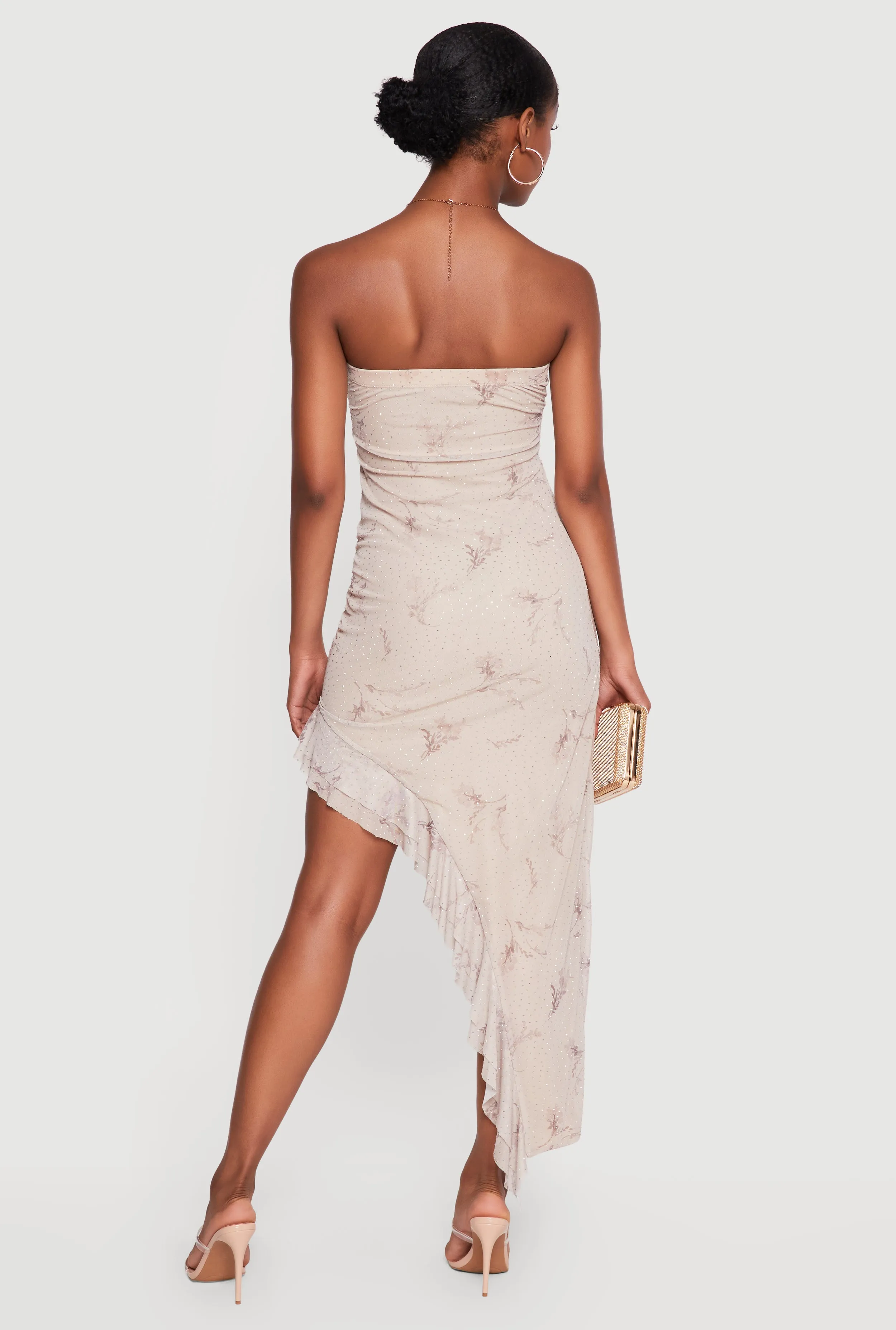 Rhinestone Floral Mesh Ruffle Trim Asymmetrical Dress sold by Rainbow product image thumbnail 3
