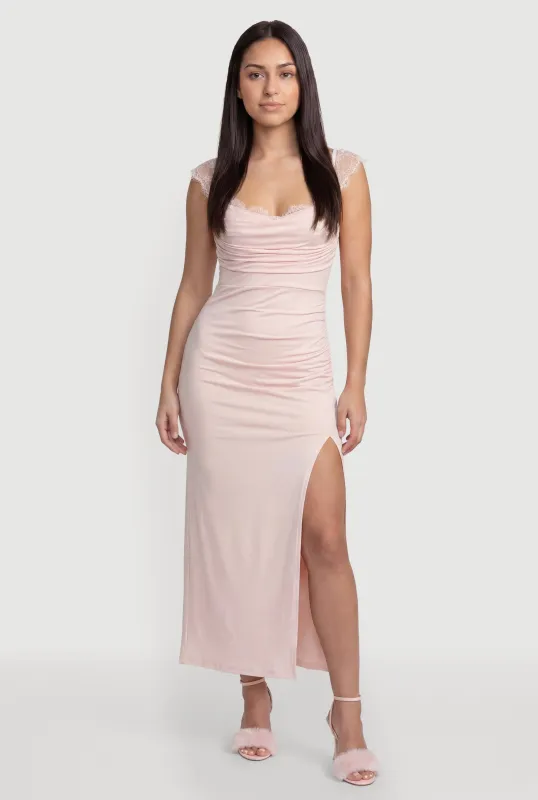 Lace Cap Sleeve Bustier Cowl Neck Midi Dress made by Rainbow