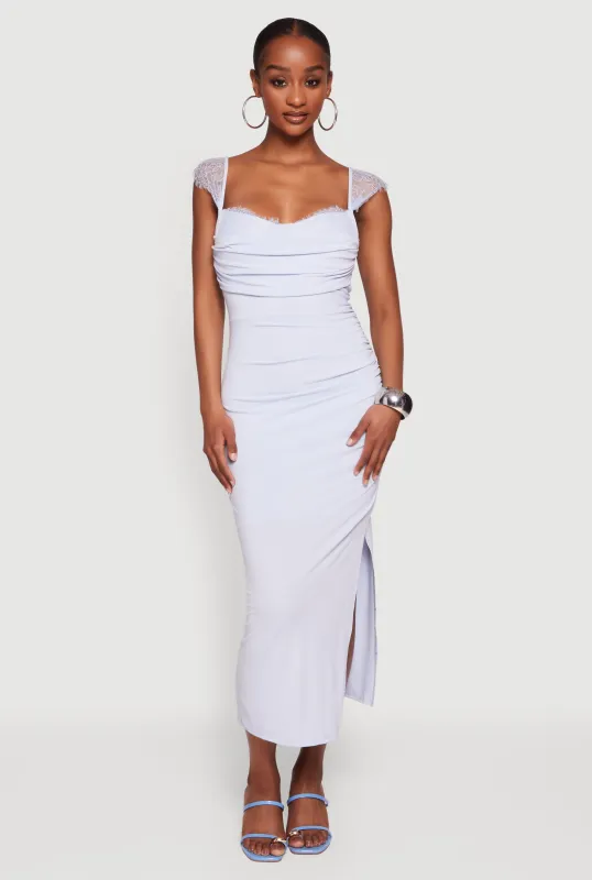Lace Cap Sleeve Bustier Cowl Neck Midi Dress made by Rainbow