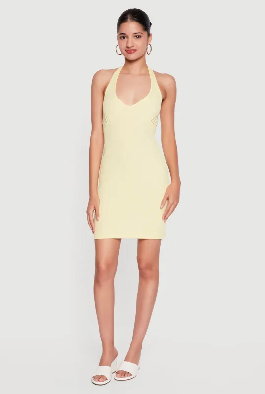 Tie Back Waist Detail Rib Knit Halter Dress made by Rainbow
