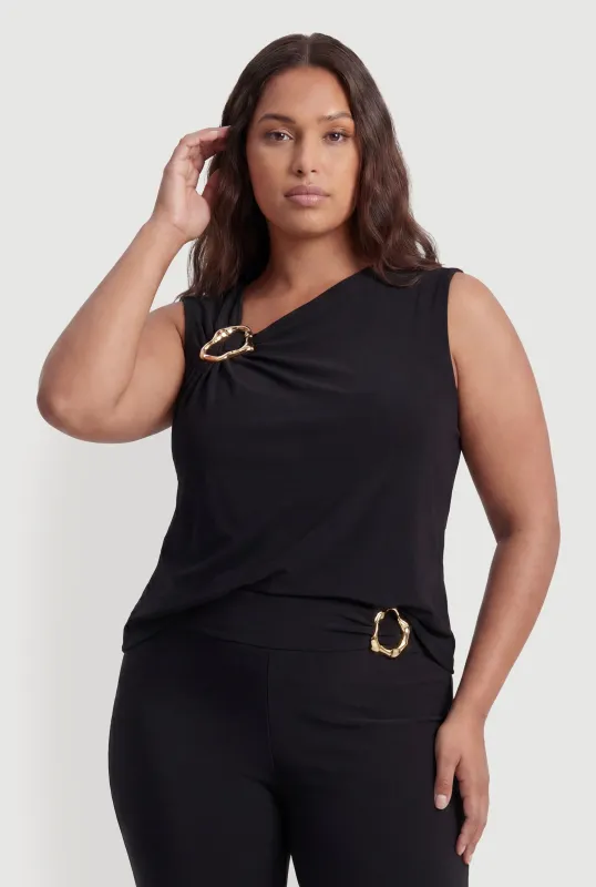 Plus Size Metallic Detail Asymmetrical Sleeveless Top made by Rainbow