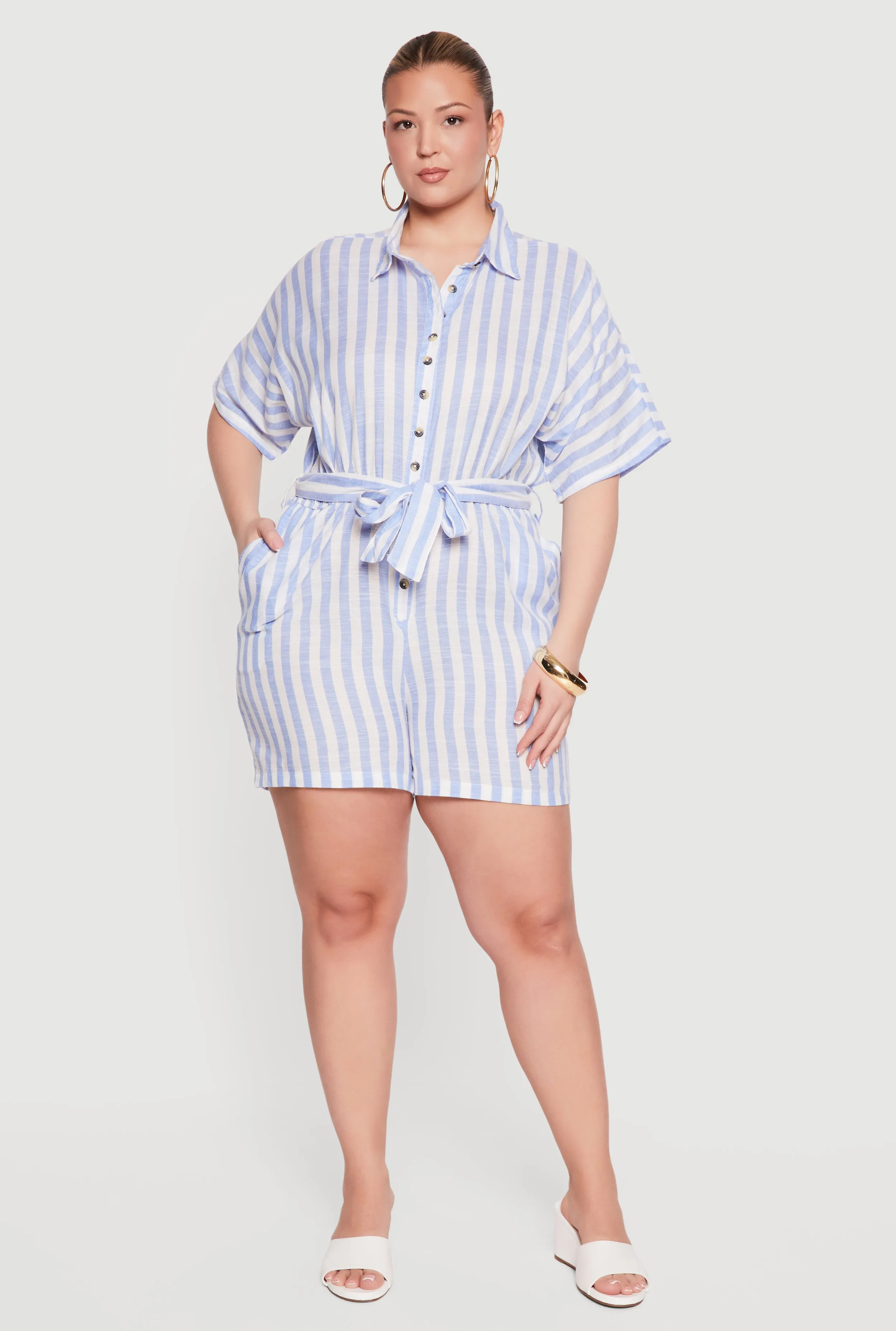Plus Size Striped Button Front Tie Waist Belted Romper sold by Rainbow product image thumbnail 2