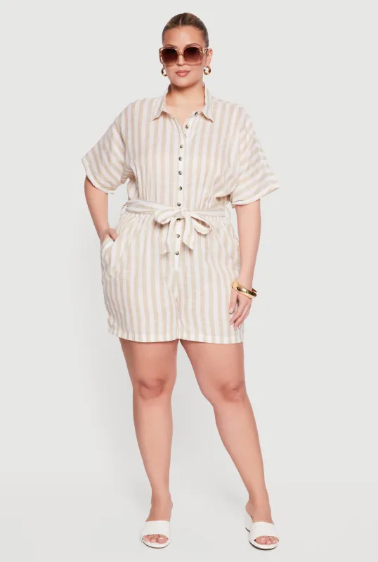 Plus Size Striped Button Front Tie Waist Belted Romper made by Rainbow
