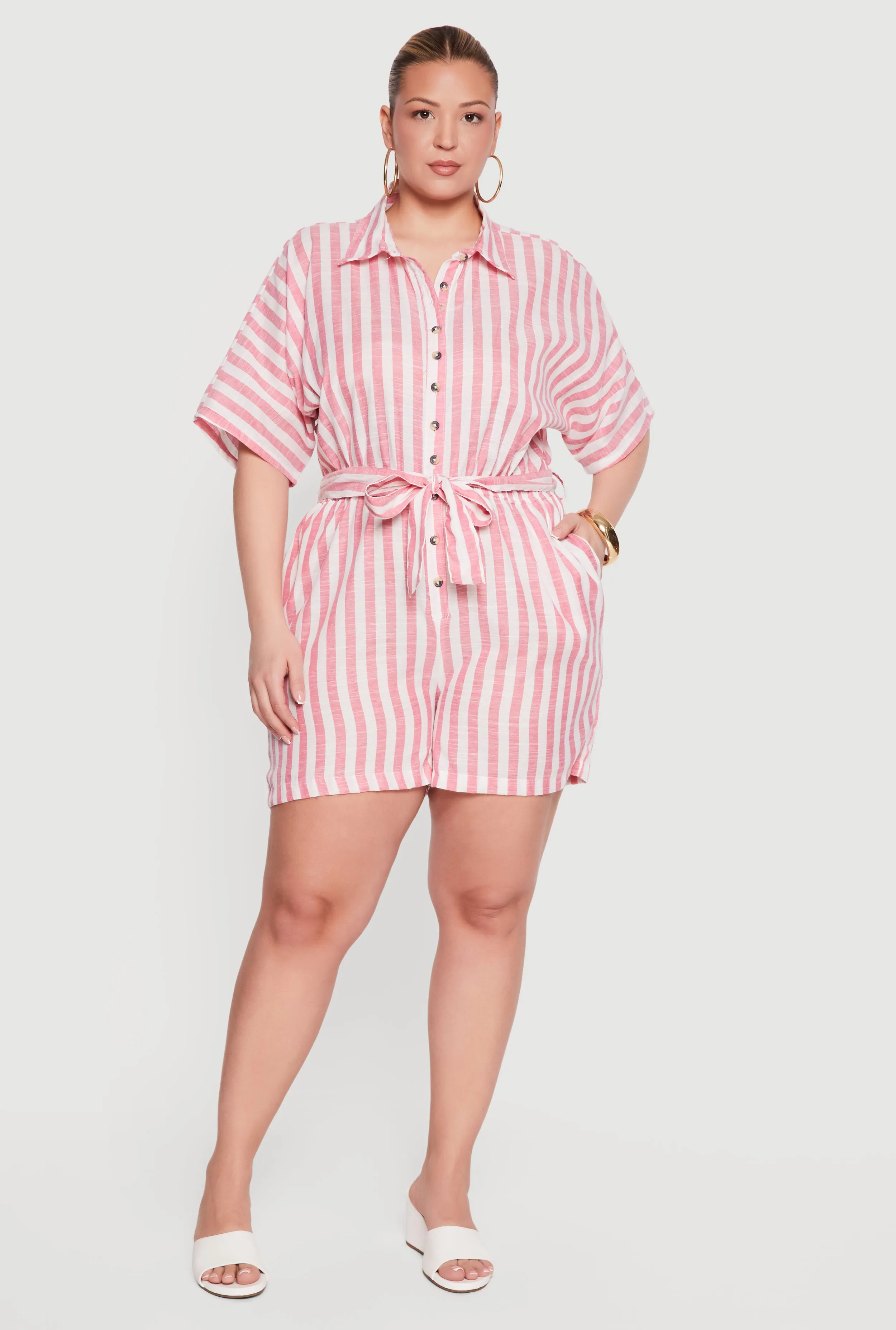 Plus Size Striped Button Front Tie Waist Belted Romper sold by Rainbow product image thumbnail 3