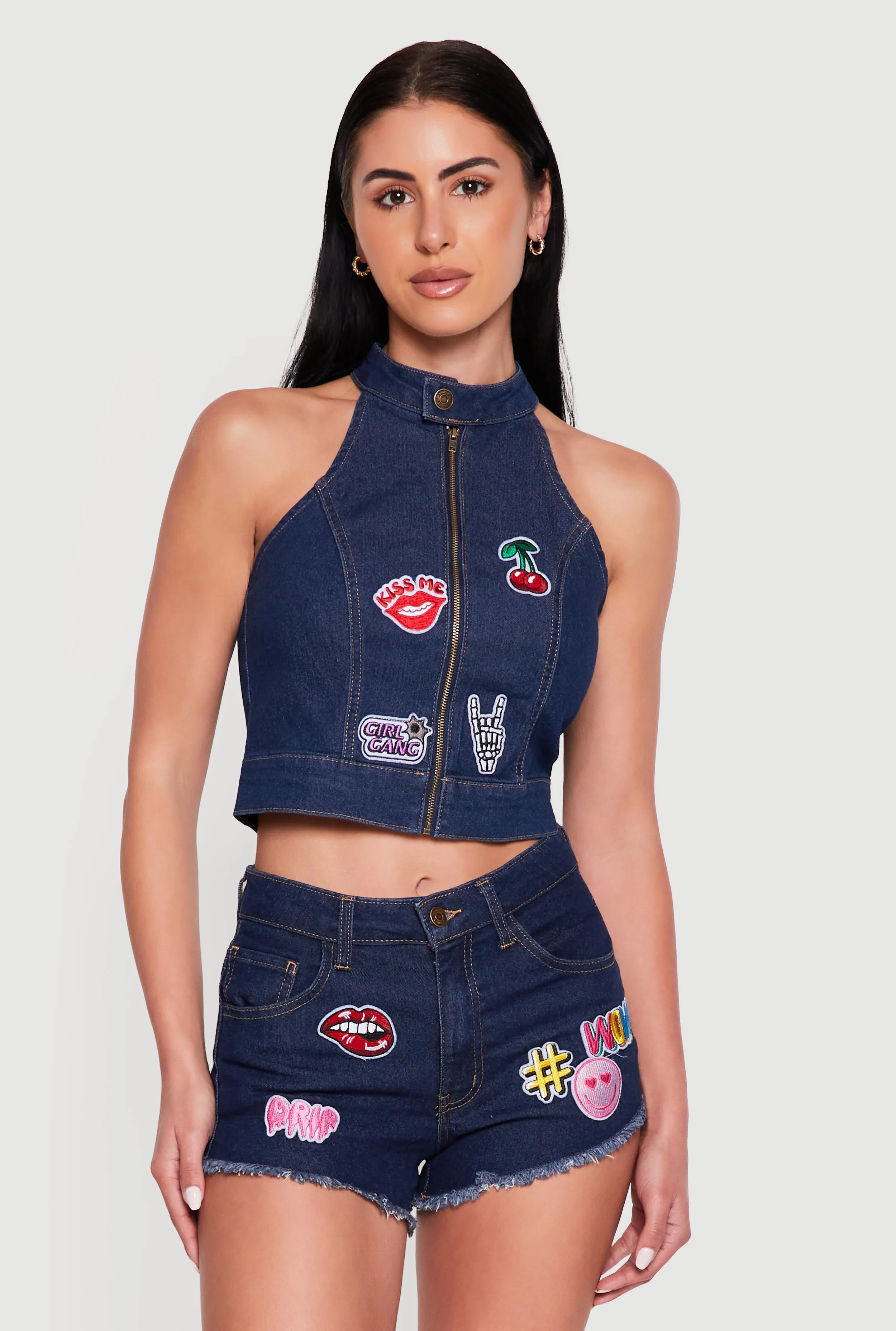 Graphic Patch Zip Front Denim Crop Top sold by Rainbow