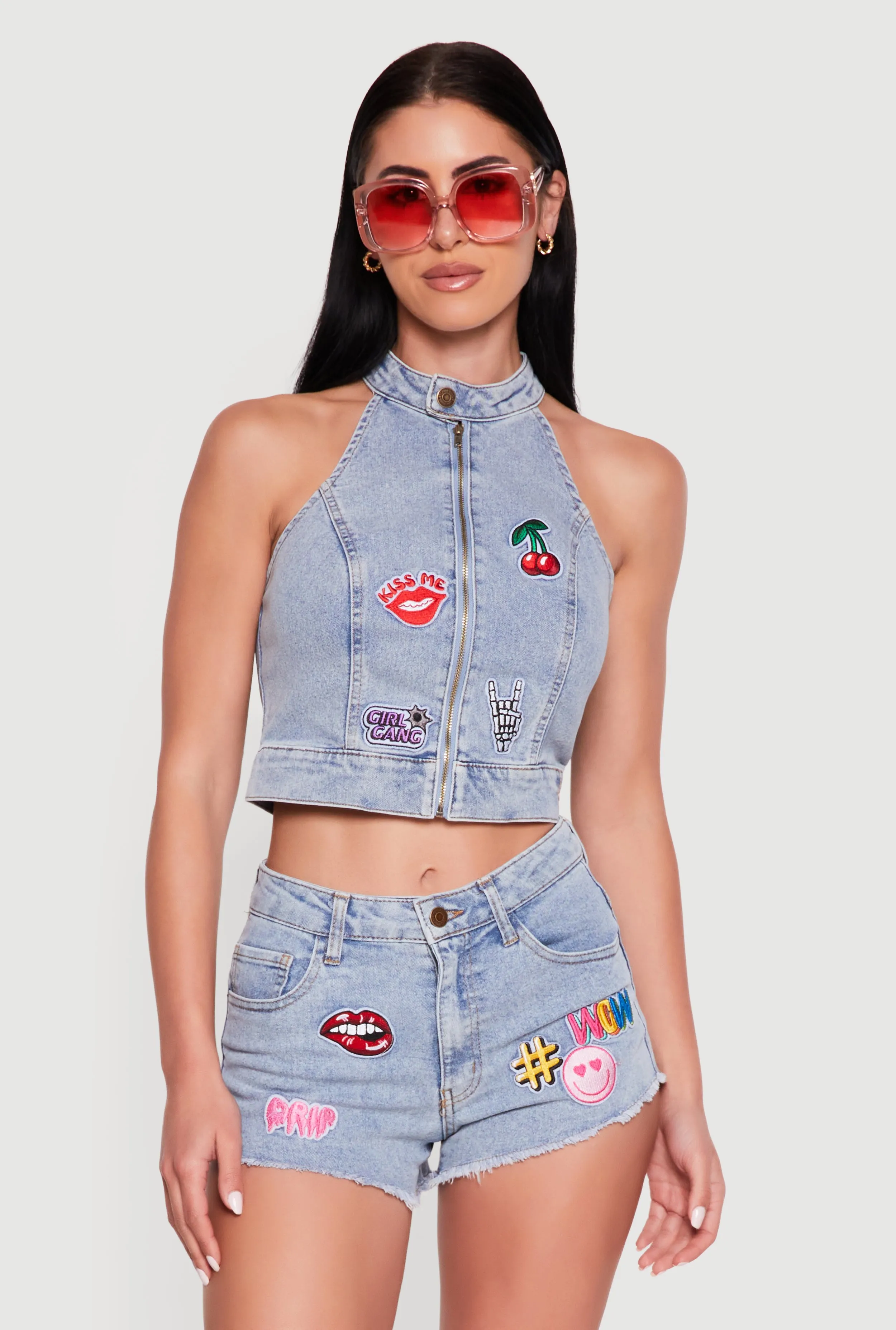 Graphic Patch Zip Front Denim Crop Top sold by Rainbow product image thumbnail 2