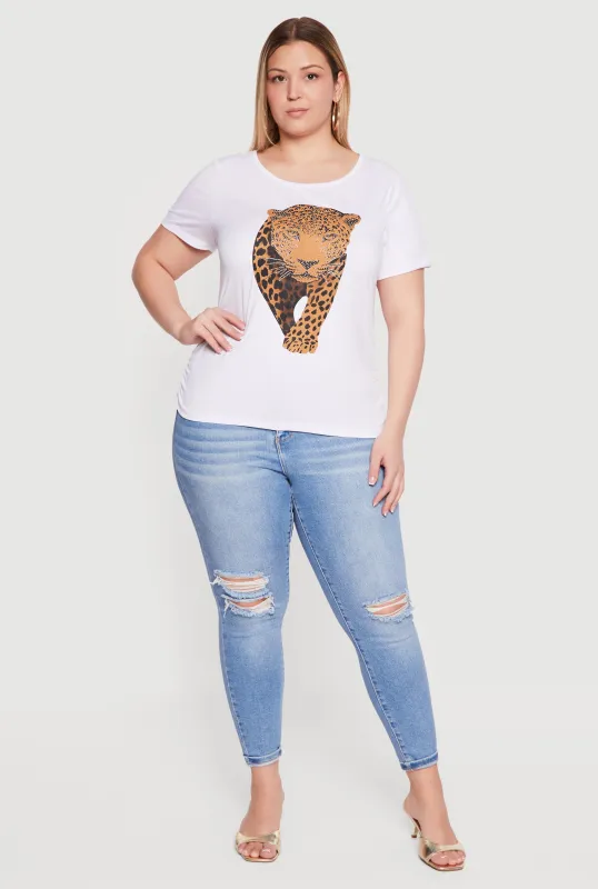 Plus Size Rhinestone Leopard Graphic Tee made by Rainbow