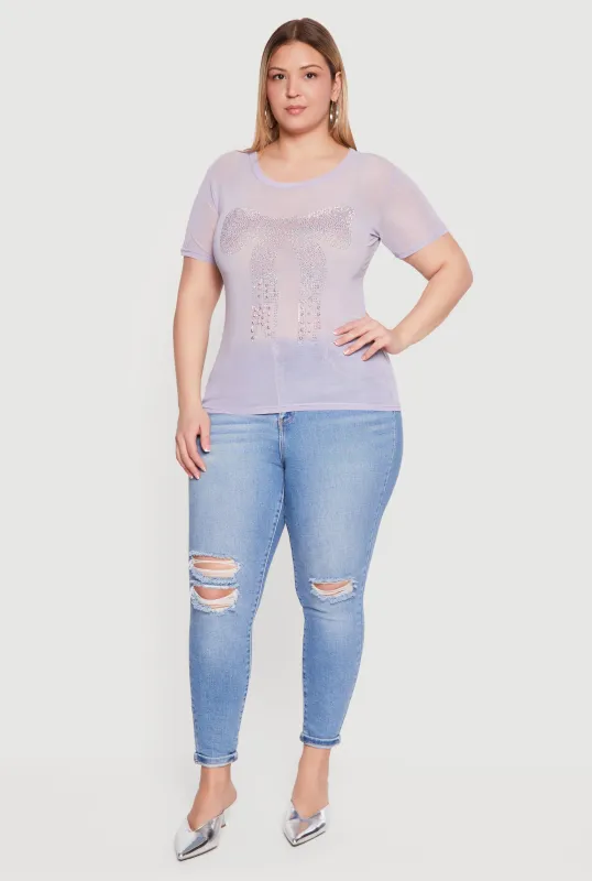 Plus Size Rhinestone Bow Graphic Mesh Top made by Rainbow