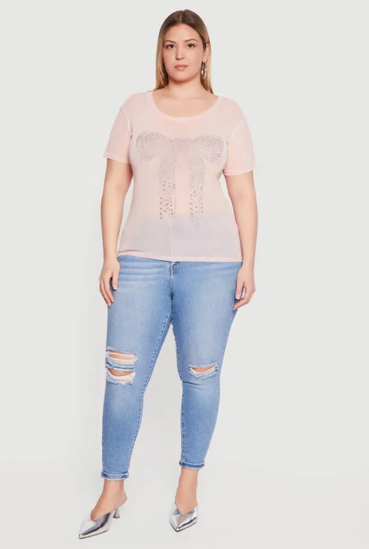 Plus Size Rhinestone Bow Graphic Mesh Top made by Rainbow