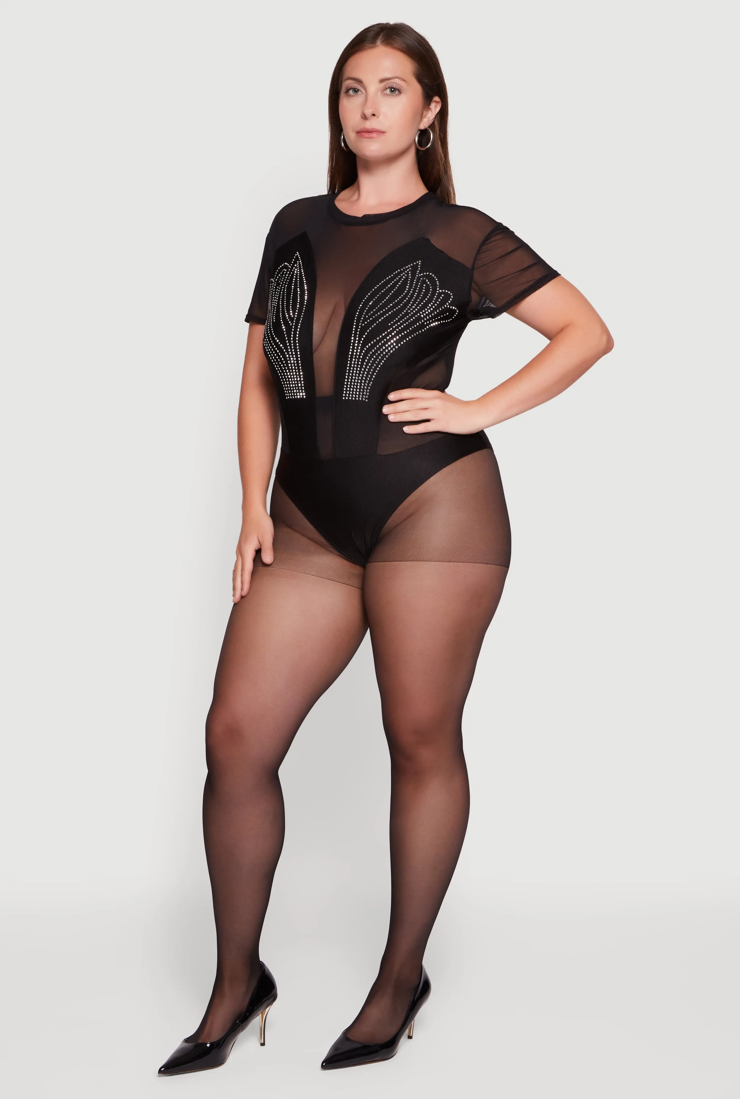 Plus Size Rhinestone Detail Short Sleeve Mesh Bodysuit sold by Rainbow product image thumbnail 3