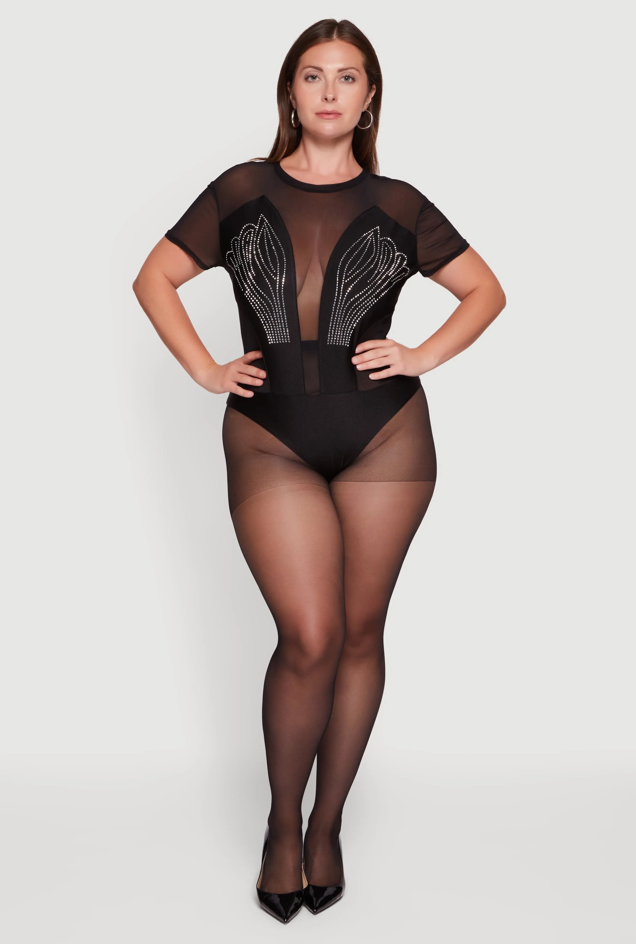 Plus Size Rhinestone Detail Short Sleeve Mesh Bodysuit sold by Rainbow
