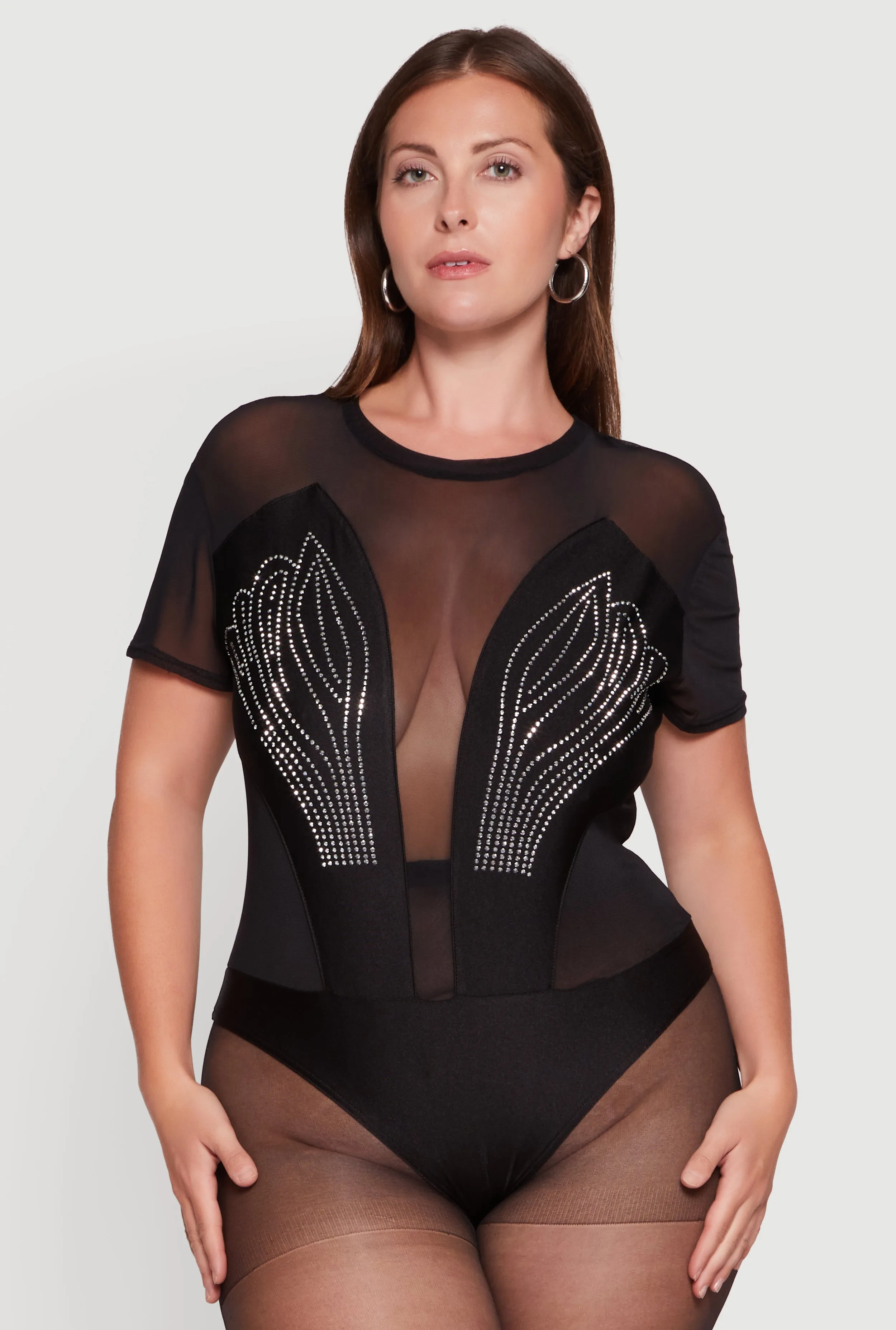Plus Size Rhinestone Detail Short Sleeve Mesh Bodysuit sold by Rainbow product image thumbnail 2