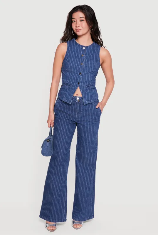 Pinstripe Mid Rise Wide Leg Jeans made by Rainbow