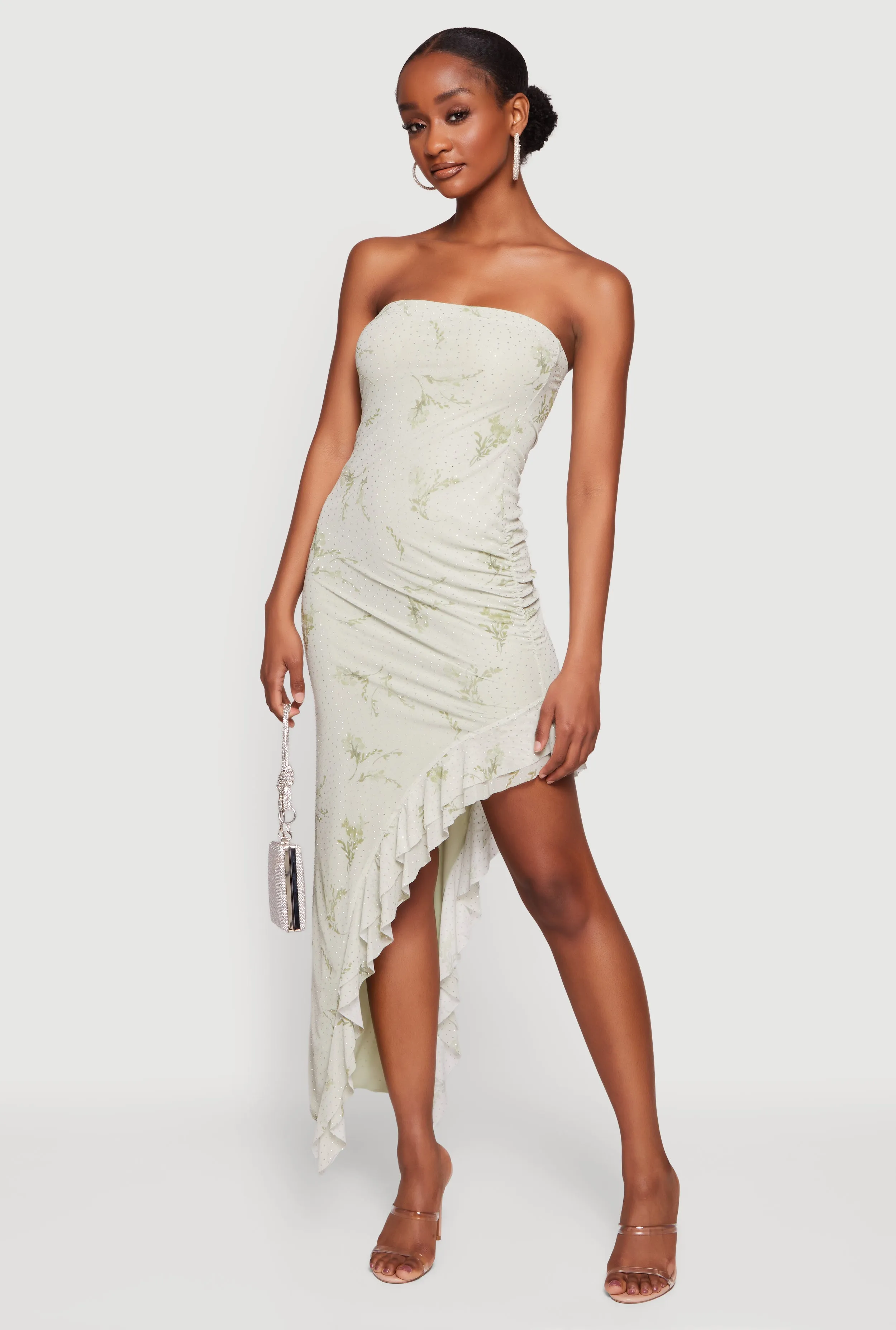 Rhinestone Floral Mesh Ruffle Trim Asymmetrical Dress sold by Rainbow product image thumbnail 2