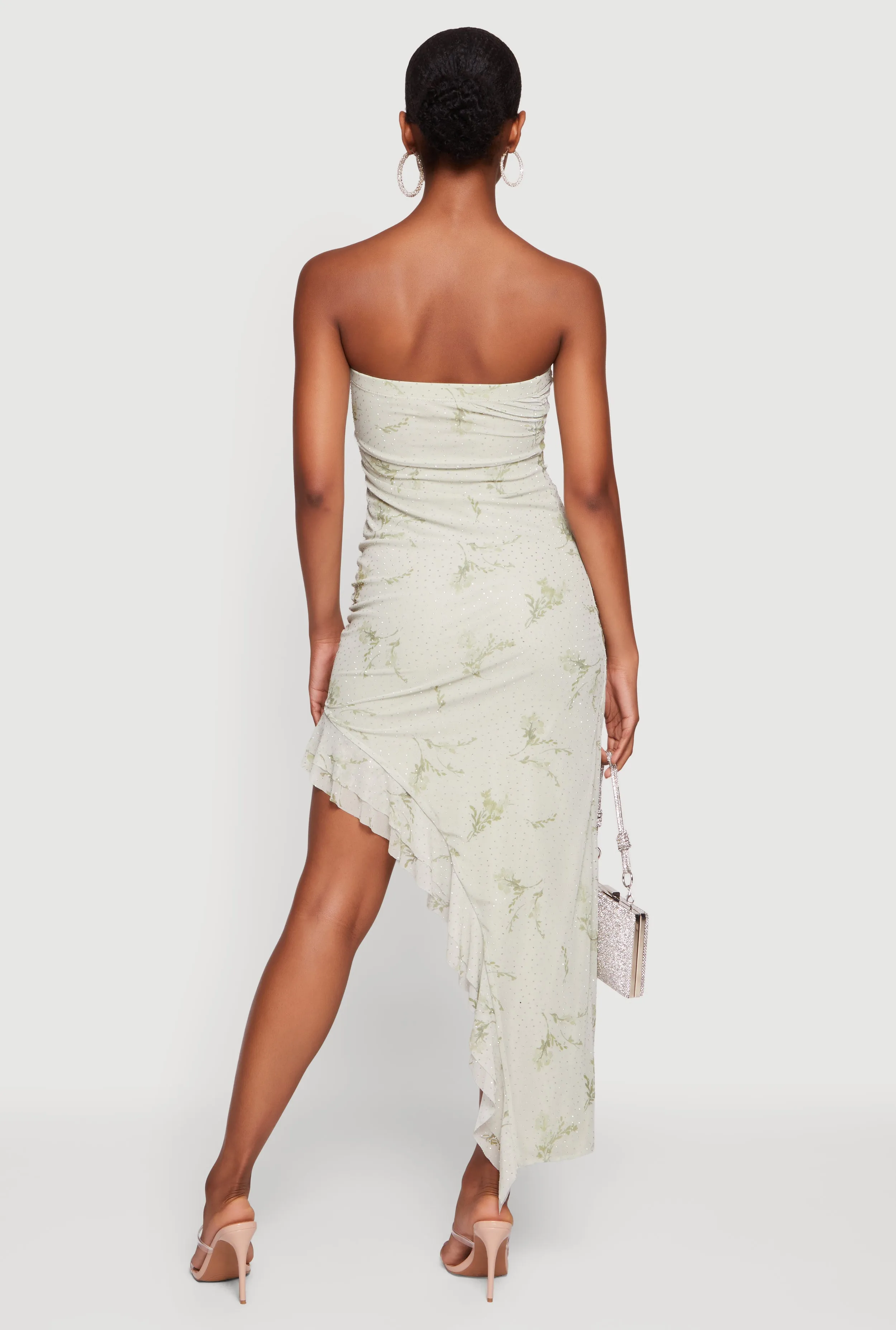 Rhinestone Floral Mesh Ruffle Trim Asymmetrical Dress sold by Rainbow product image thumbnail 3