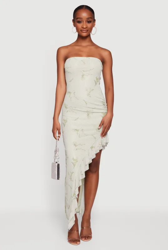 Rhinestone Floral Mesh Ruffle Trim Asymmetrical Dress made by Rainbow