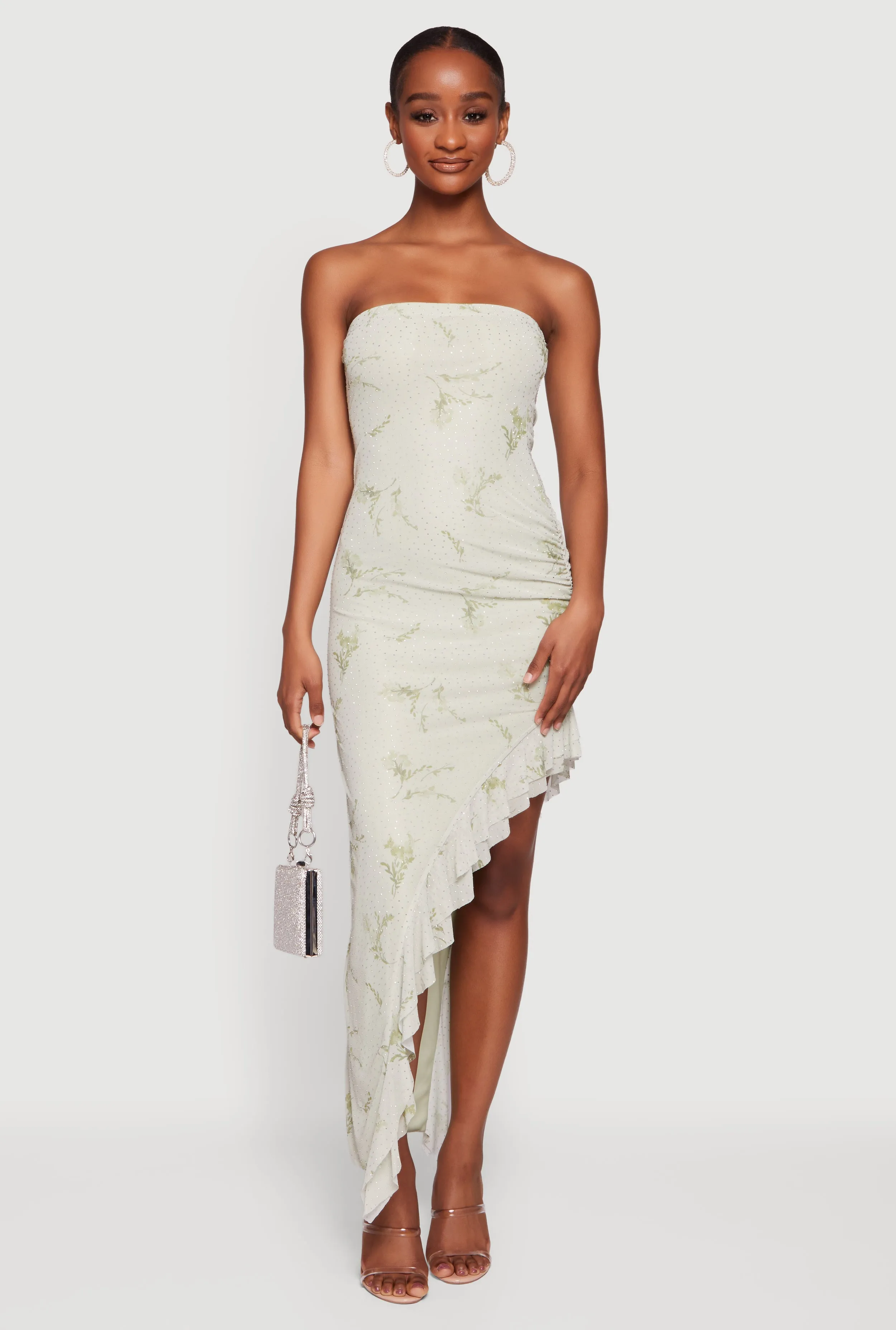 Rhinestone Floral Mesh Ruffle Trim Asymmetrical Dress sold by Rainbow