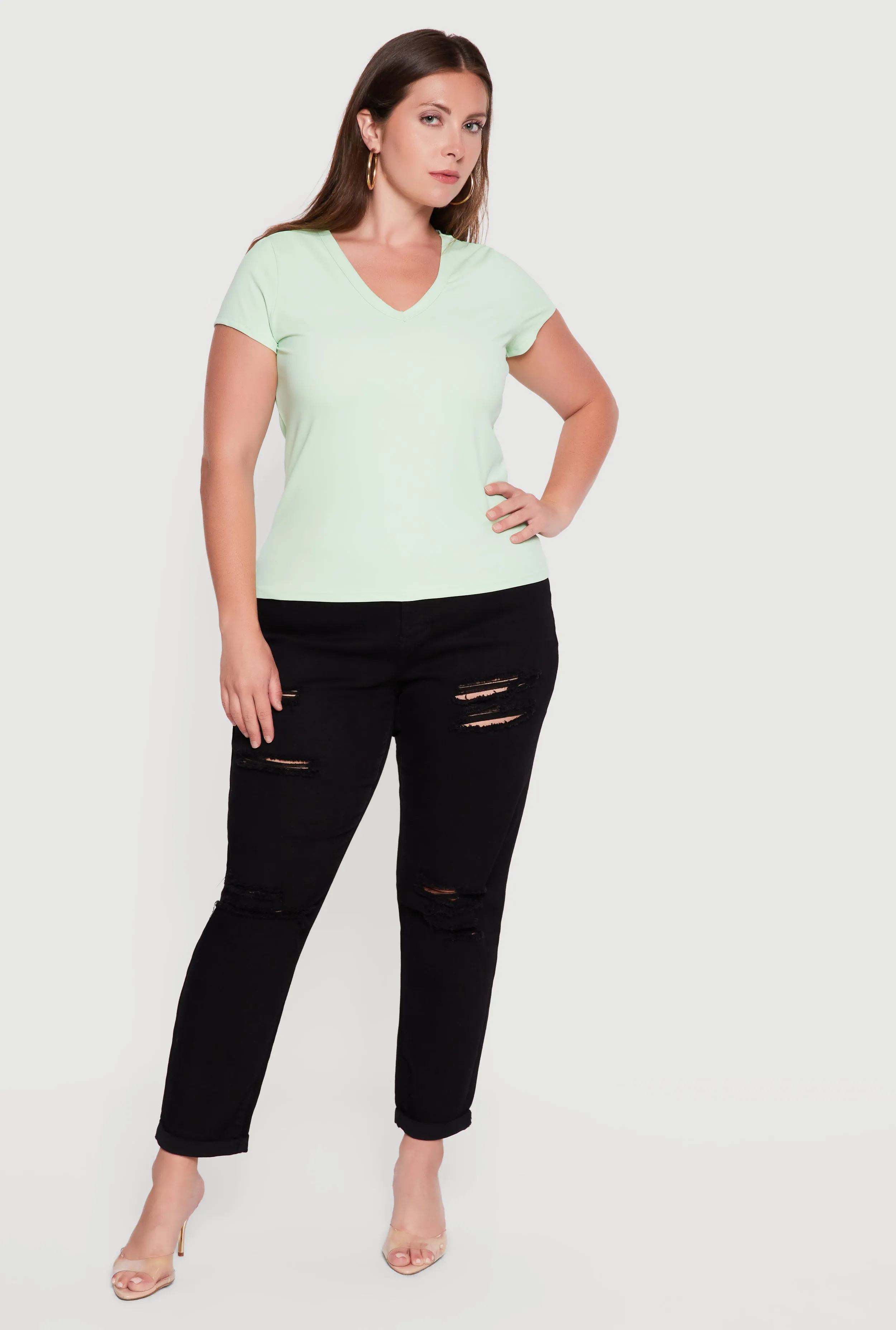 Plus Size Basic Short Sleeve V-Neck Top sold by Rainbow