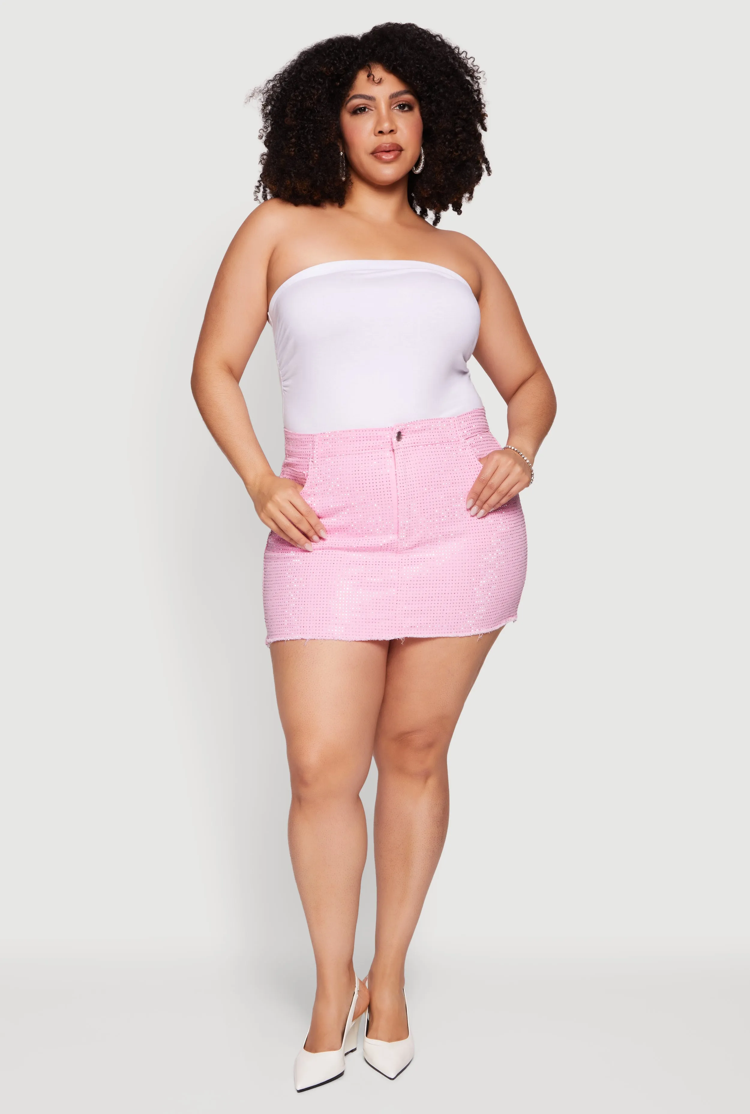 Plus Size Rhinestone Raw Hem Mini Denim Skirt sold by Rainbow