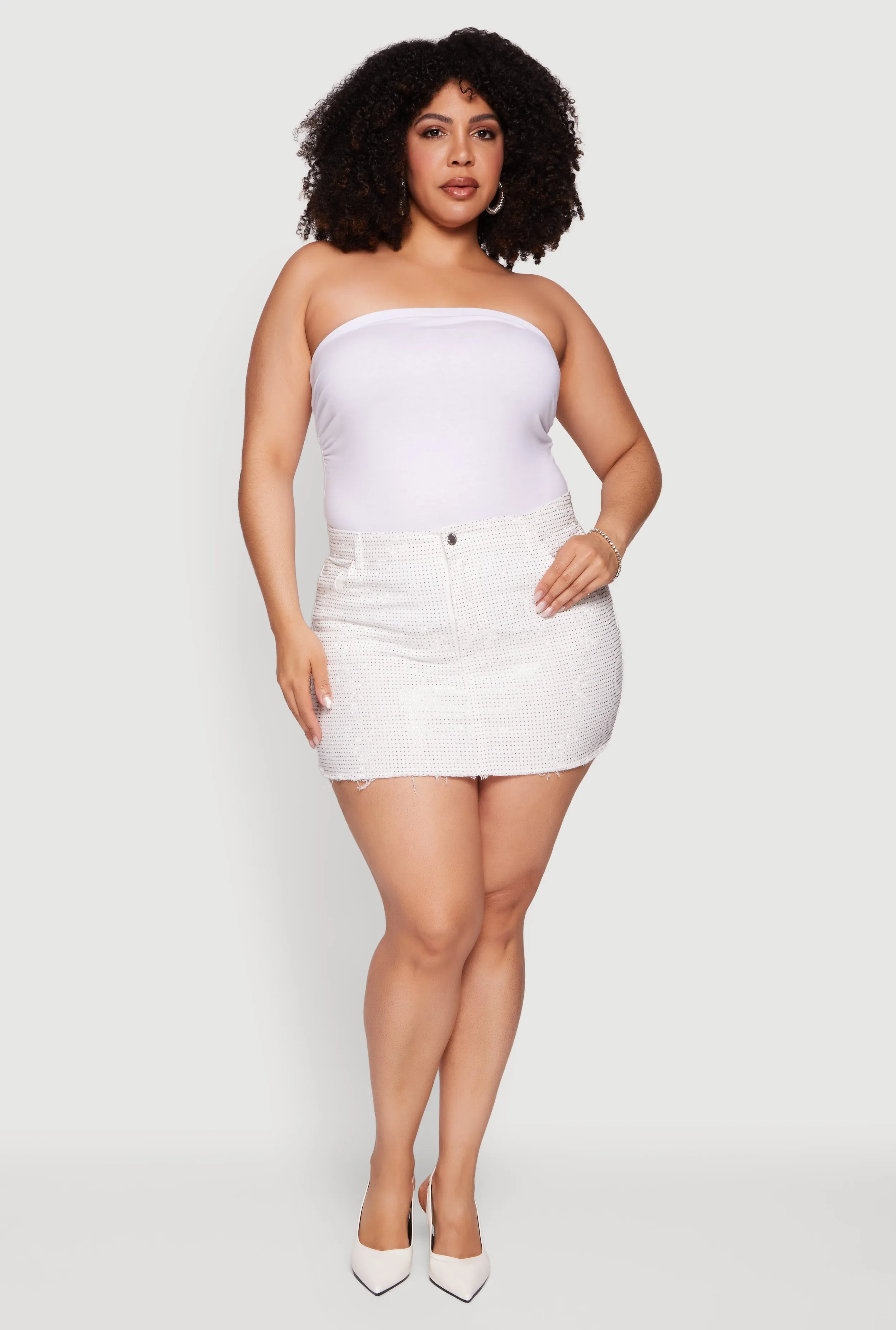 Plus Size Rhinestone Raw Hem Mini Denim Skirt sold by Rainbow
