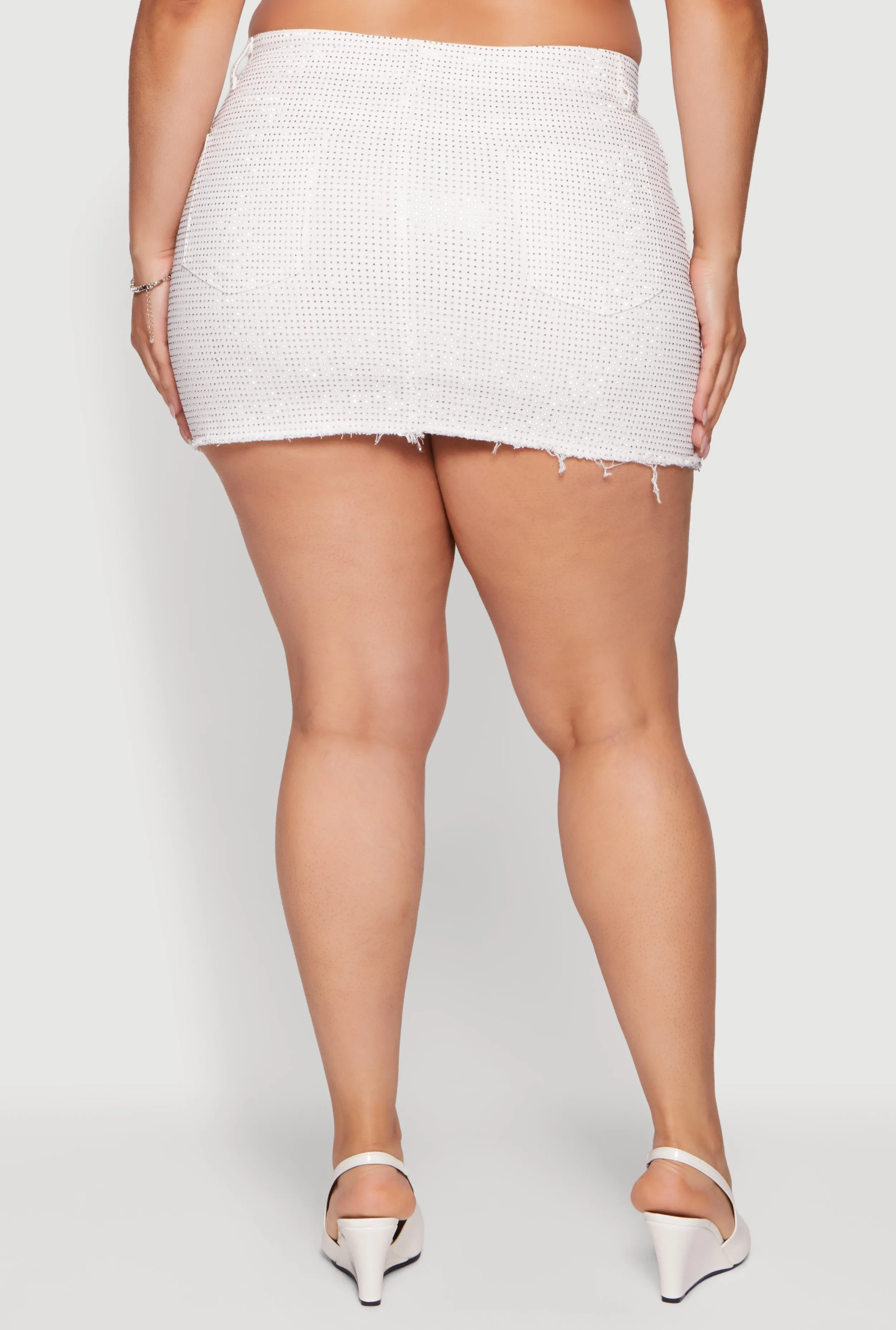 Plus Size Rhinestone Raw Hem Mini Denim Skirt sold by Rainbow product image thumbnail 5