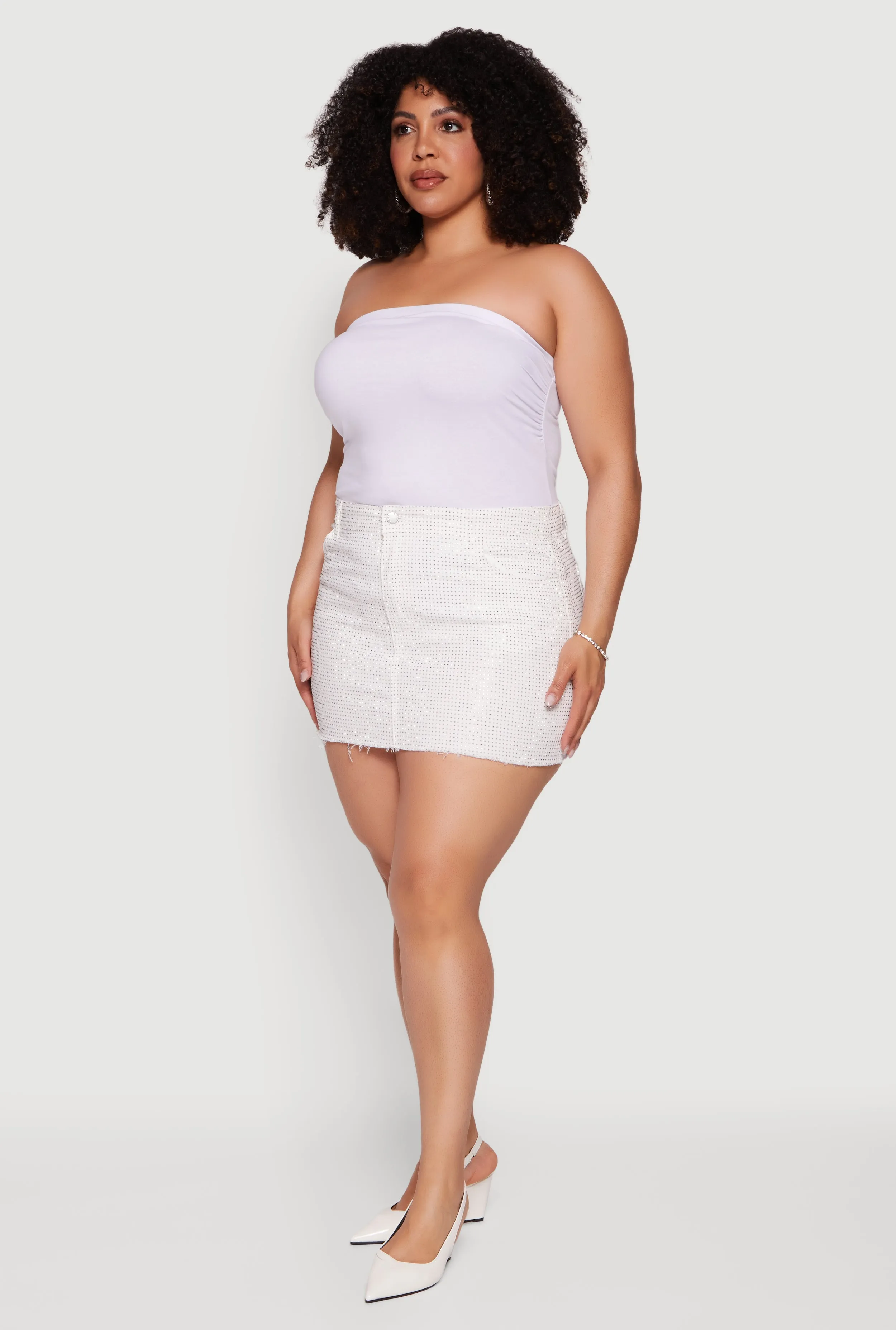 Plus Size Rhinestone Raw Hem Mini Denim Skirt sold by Rainbow product image thumbnail 2