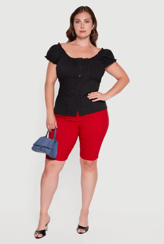 Plus Size Pleated Button Front Blouse made by Rainbow
