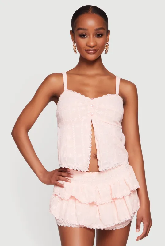 Patterned Scalloped Trim Slit Front Blouse made by iris