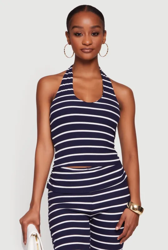 Striped Ribbed Knit Halter Top made by Rainbow