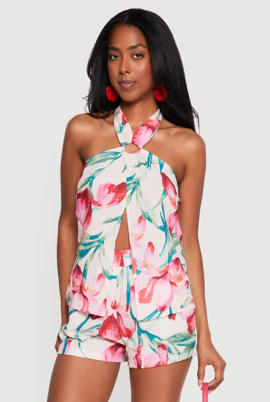 Floral Slit Front O Ring Halter Top made by Rainbow