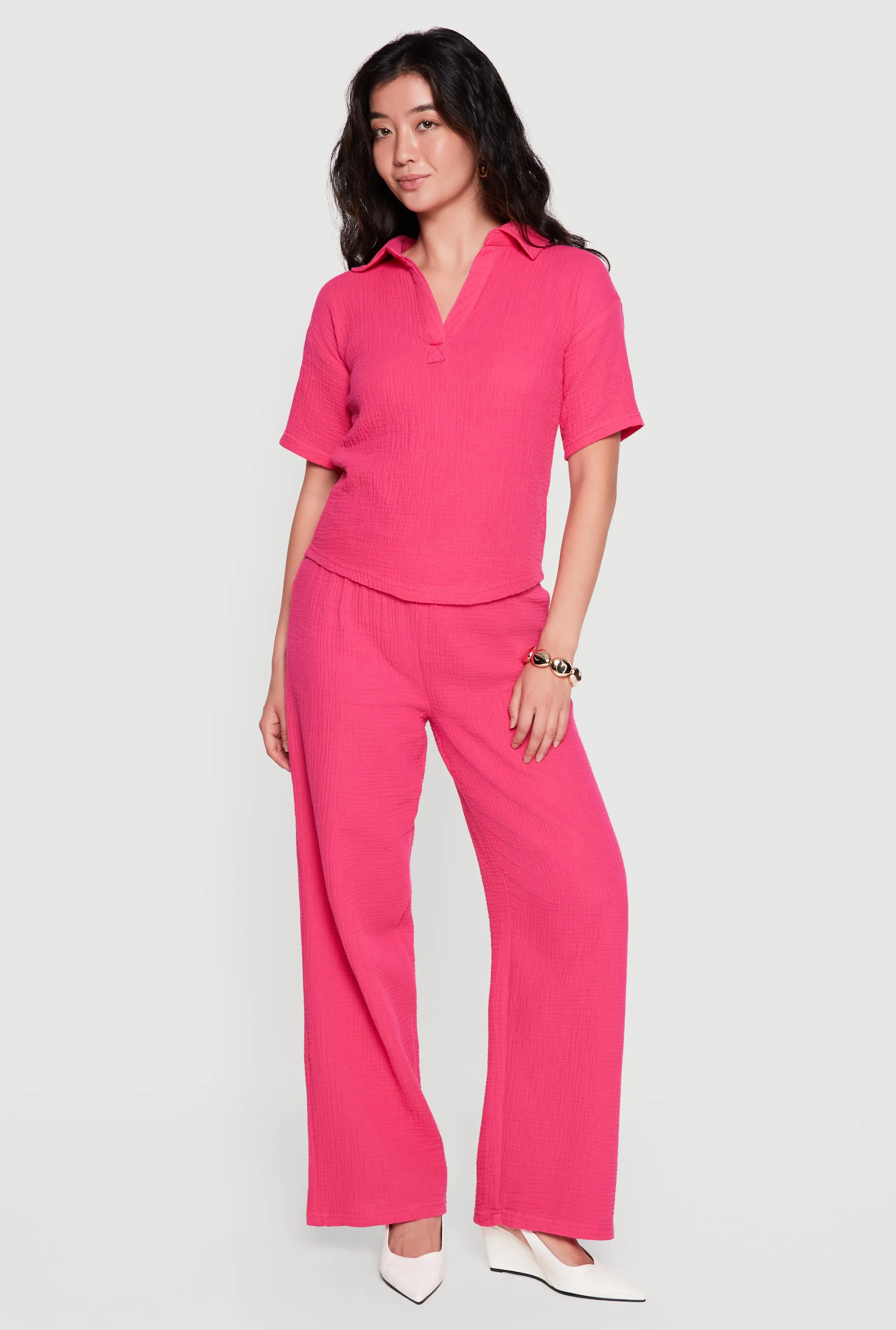 Solid Johnny Collar Gauze Knit Shirt and Pants Set sold by Rainbow product image thumbnail 3