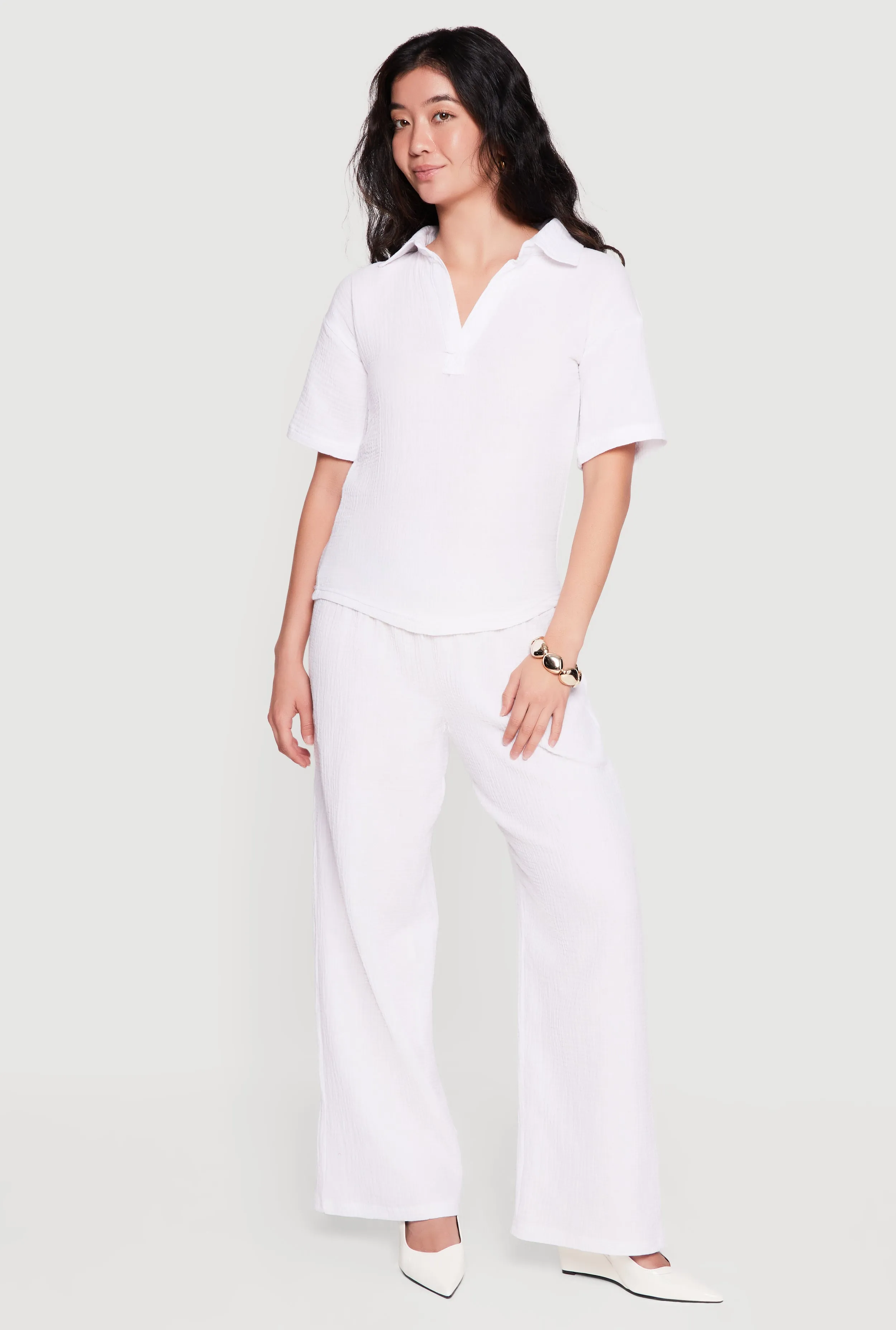 Solid Johnny Collar Gauze Knit Shirt and Pants Set sold by Rainbow product image thumbnail 2