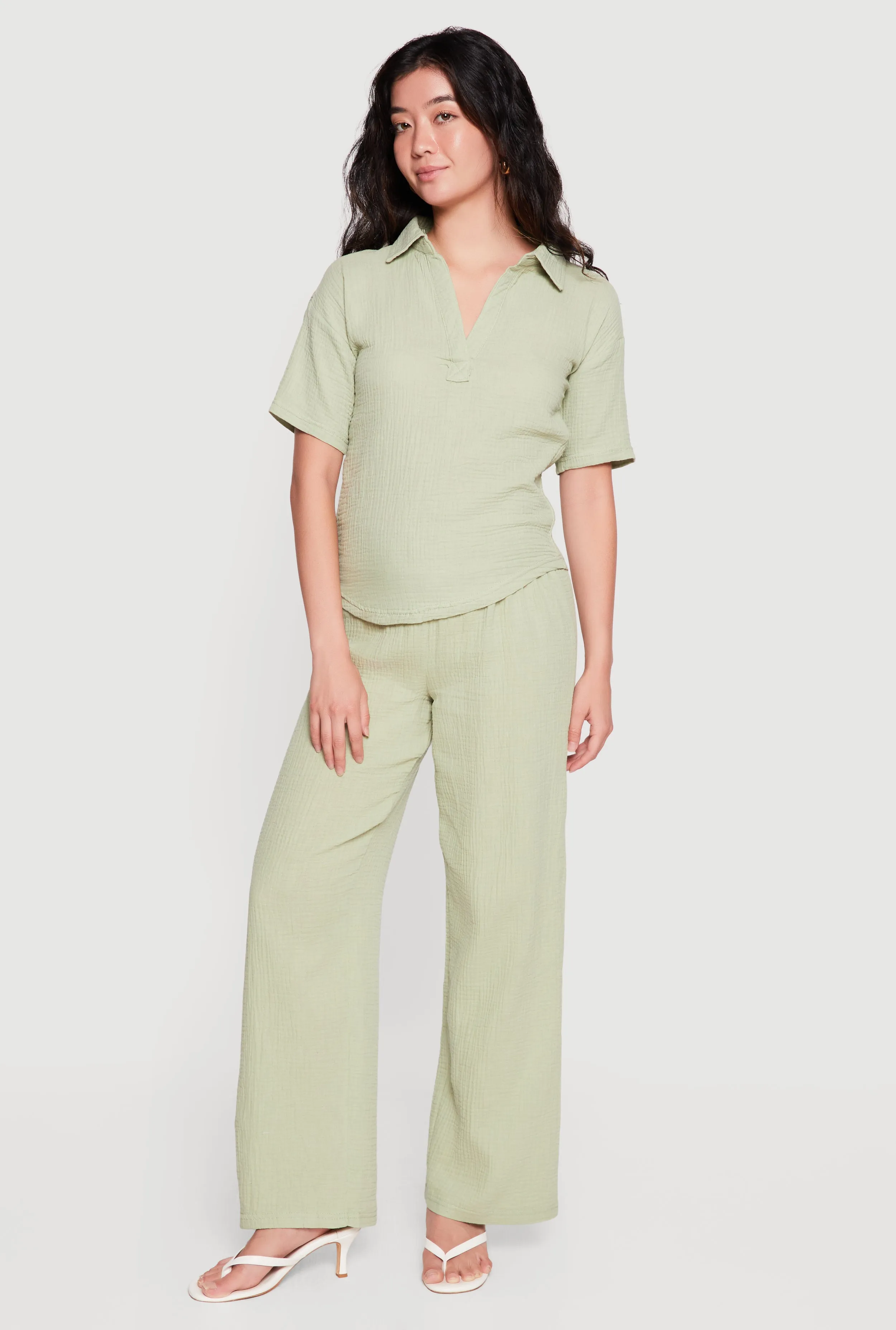 Solid Johnny Collar Gauze Knit Shirt and Pants Set sold by Rainbow product image thumbnail 4