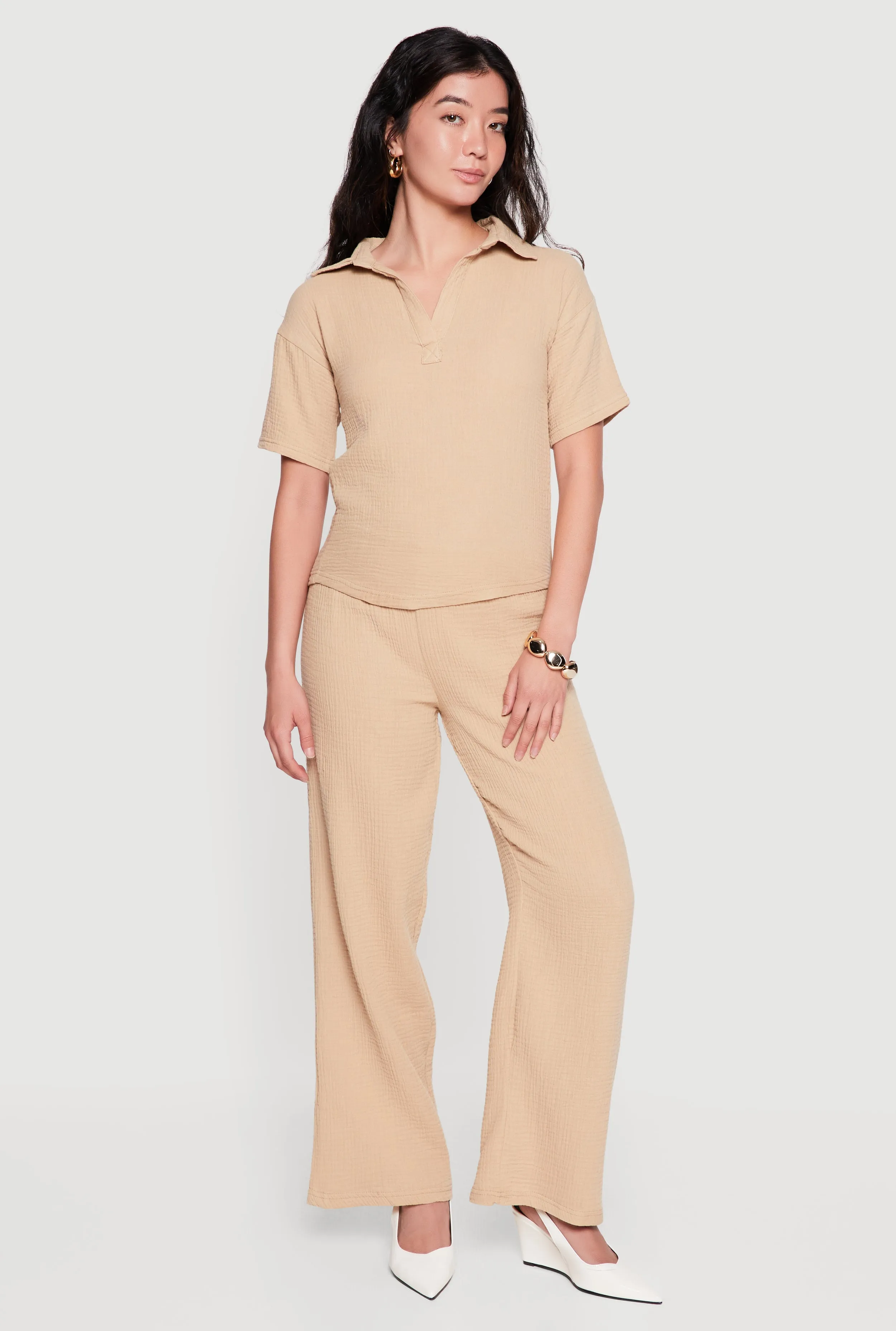 Solid Johnny Collar Gauze Knit Shirt and Pants Set sold by Rainbow