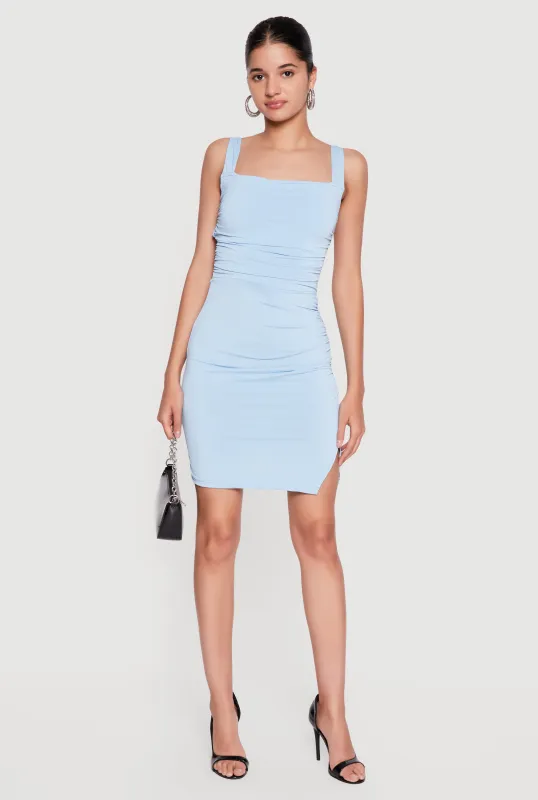 Square Neck Side Ruched Tie Back Mini Dress made by Rainbow